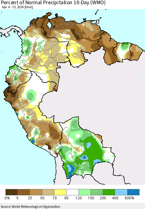 Northern South America Percent of Normal Precipitation 10-Day (WMO) Thematic Map For 4/6/2024 - 4/15/2024