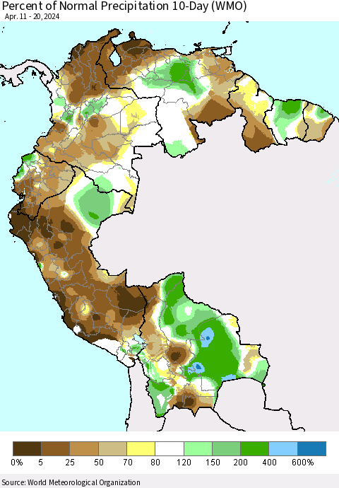 Northern South America Percent of Normal Precipitation 10-Day (WMO) Thematic Map For 4/11/2024 - 4/20/2024