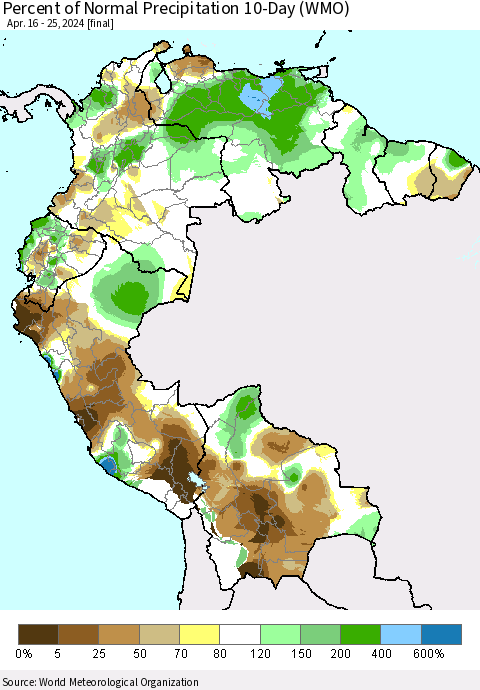 Northern South America Percent of Normal Precipitation 10-Day (WMO) Thematic Map For 4/16/2024 - 4/25/2024