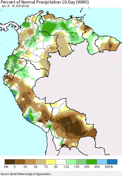 Northern South America Percent of Normal Precipitation 10-Day (WMO) Thematic Map For 4/21/2024 - 4/30/2024