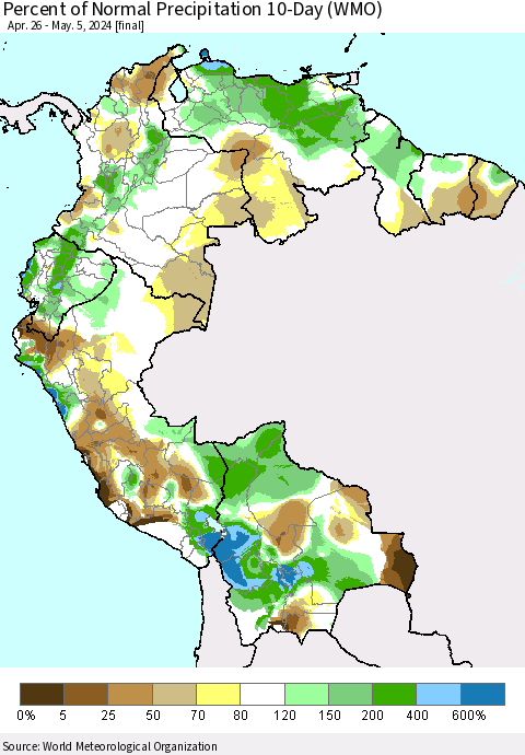 Northern South America Percent of Normal Precipitation 10-Day (WMO) Thematic Map For 4/26/2024 - 5/5/2024