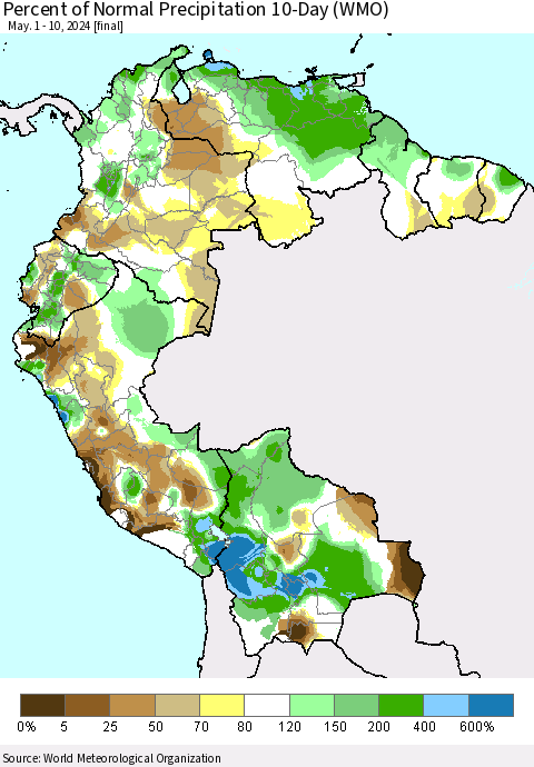 Northern South America Percent of Normal Precipitation 10-Day (WMO) Thematic Map For 5/1/2024 - 5/10/2024