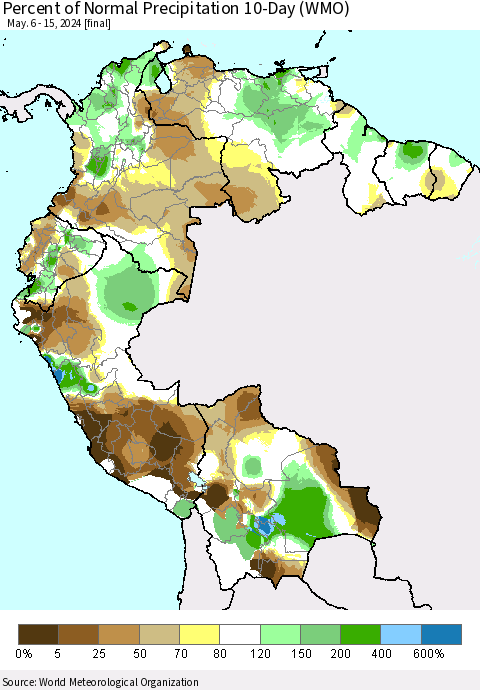 Northern South America Percent of Normal Precipitation 10-Day (WMO) Thematic Map For 5/6/2024 - 5/15/2024