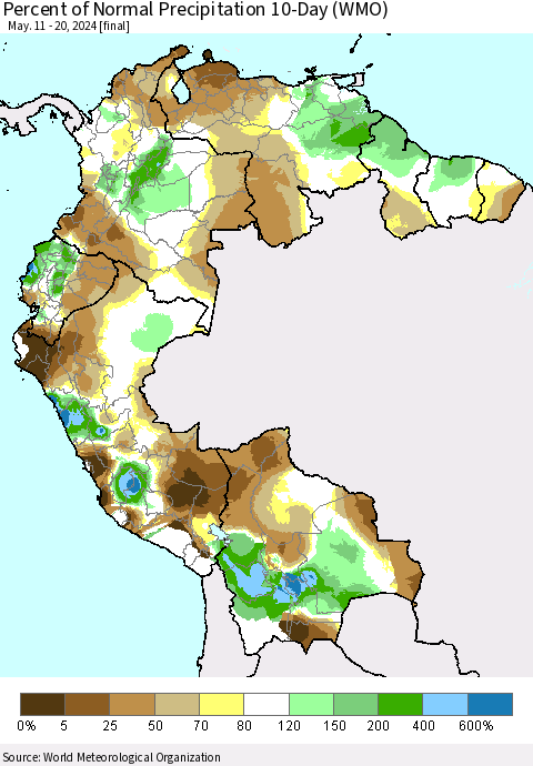 Northern South America Percent of Normal Precipitation 10-Day (WMO) Thematic Map For 5/11/2024 - 5/20/2024