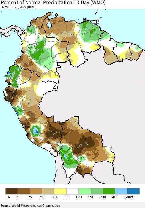 Northern South America Percent of Normal Precipitation 10-Day (WMO) Thematic Map For 5/16/2024 - 5/25/2024