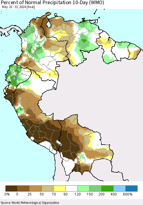 Northern South America Percent of Normal Precipitation 10-Day (WMO) Thematic Map For 5/21/2024 - 5/31/2024