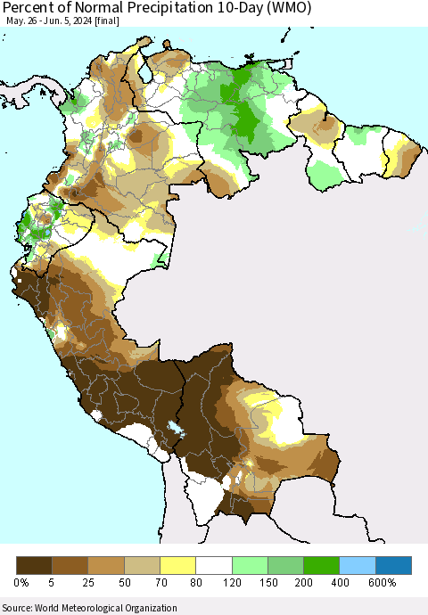 Northern South America Percent of Normal Precipitation 10-Day (WMO) Thematic Map For 5/26/2024 - 6/5/2024