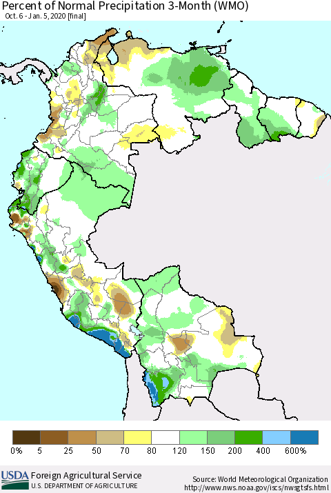 Northern South America Percent of Normal Precipitation 3-Month (WMO) Thematic Map For 10/6/2019 - 1/5/2020
