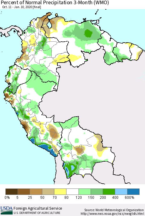 Northern South America Percent of Normal Precipitation 3-Month (WMO) Thematic Map For 10/11/2019 - 1/10/2020
