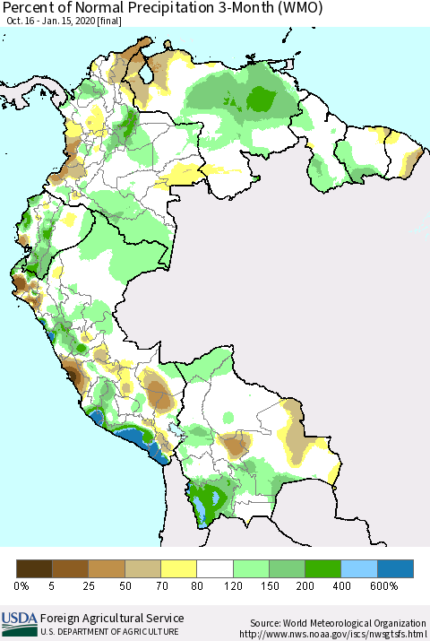 Northern South America Percent of Normal Precipitation 3-Month (WMO) Thematic Map For 10/16/2019 - 1/15/2020