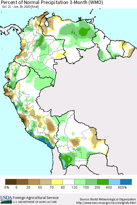 Northern South America Percent of Normal Precipitation 3-Month (WMO) Thematic Map For 10/21/2019 - 1/20/2020
