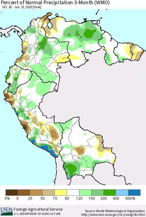 Northern South America Percent of Normal Precipitation 3-Month (WMO) Thematic Map For 10/26/2019 - 1/25/2020