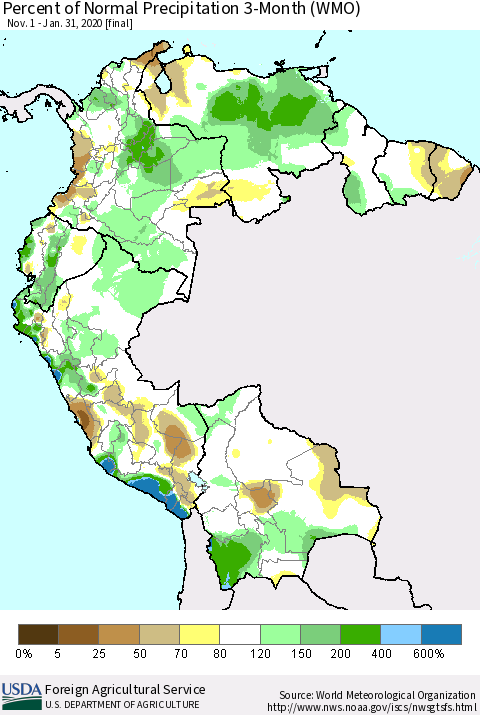 Northern South America Percent of Normal Precipitation 3-Month (WMO) Thematic Map For 11/1/2019 - 1/31/2020