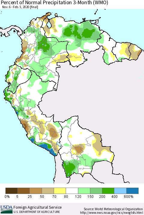 Northern South America Percent of Normal Precipitation 3-Month (WMO) Thematic Map For 11/6/2019 - 2/5/2020