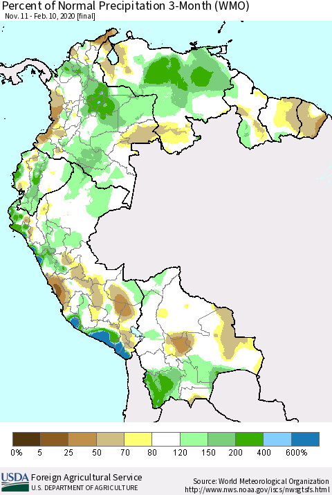 Northern South America Percent of Normal Precipitation 3-Month (WMO) Thematic Map For 11/11/2019 - 2/10/2020