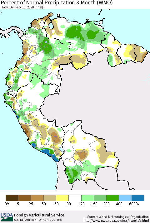 Northern South America Percent of Normal Precipitation 3-Month (WMO) Thematic Map For 11/16/2019 - 2/15/2020