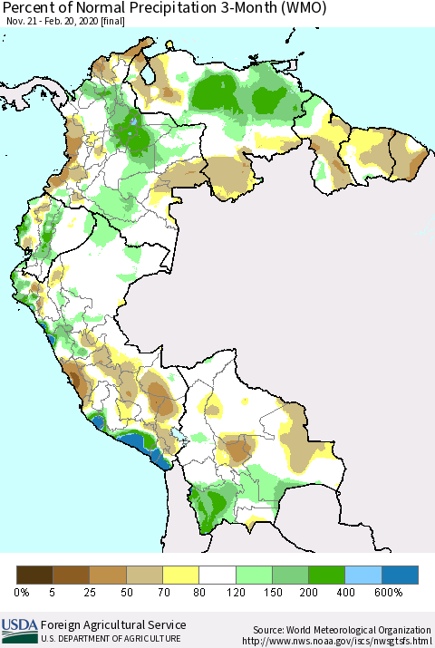 Northern South America Percent of Normal Precipitation 3-Month (WMO) Thematic Map For 11/21/2019 - 2/20/2020