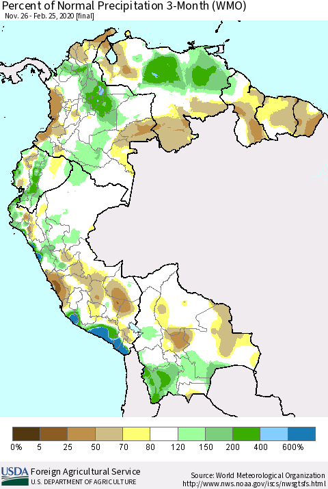Northern South America Percent of Normal Precipitation 3-Month (WMO) Thematic Map For 11/26/2019 - 2/25/2020