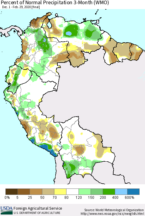 Northern South America Percent of Normal Precipitation 3-Month (WMO) Thematic Map For 12/1/2019 - 2/29/2020