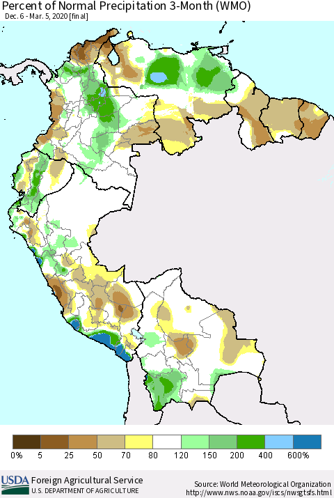 Northern South America Percent of Normal Precipitation 3-Month (WMO) Thematic Map For 12/6/2019 - 3/5/2020