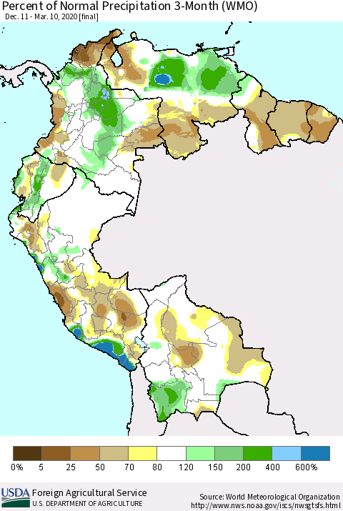 Northern South America Percent of Normal Precipitation 3-Month (WMO) Thematic Map For 12/11/2019 - 3/10/2020