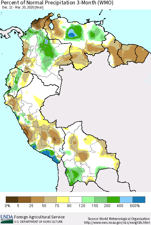 Northern South America Percent of Normal Precipitation 3-Month (WMO) Thematic Map For 12/21/2019 - 3/20/2020