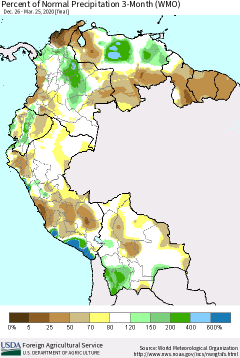 Northern South America Percent of Normal Precipitation 3-Month (WMO) Thematic Map For 12/26/2019 - 3/25/2020
