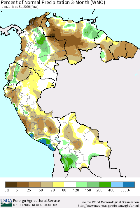Northern South America Percent of Normal Precipitation 3-Month (WMO) Thematic Map For 1/1/2020 - 3/31/2020