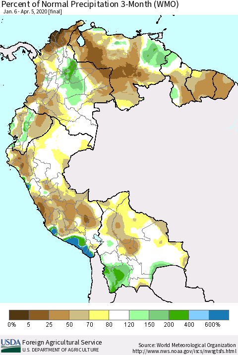 Northern South America Percent of Normal Precipitation 3-Month (WMO) Thematic Map For 1/6/2020 - 4/5/2020
