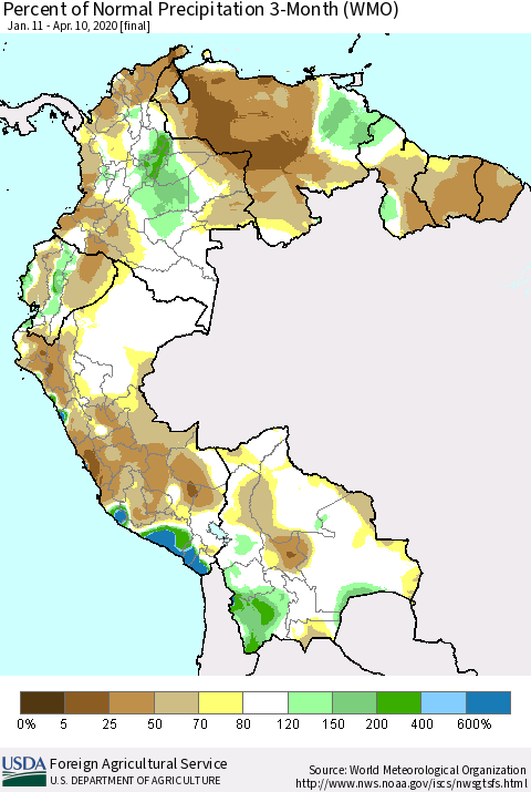 Northern South America Percent of Normal Precipitation 3-Month (WMO) Thematic Map For 1/11/2020 - 4/10/2020