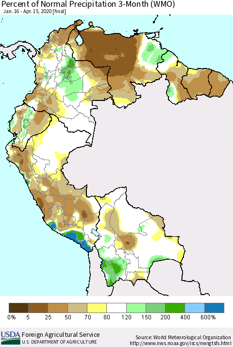 Northern South America Percent of Normal Precipitation 3-Month (WMO) Thematic Map For 1/16/2020 - 4/15/2020