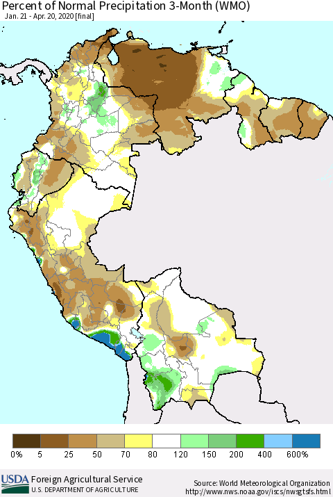 Northern South America Percent of Normal Precipitation 3-Month (WMO) Thematic Map For 1/21/2020 - 4/20/2020