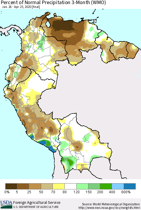 Northern South America Percent of Normal Precipitation 3-Month (WMO) Thematic Map For 1/26/2020 - 4/25/2020