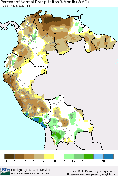 Northern South America Percent of Normal Precipitation 3-Month (WMO) Thematic Map For 2/6/2020 - 5/5/2020