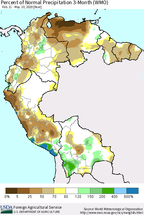 Northern South America Percent of Normal Precipitation 3-Month (WMO) Thematic Map For 2/11/2020 - 5/10/2020