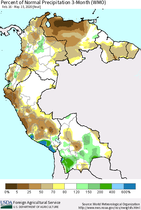 Northern South America Percent of Normal Precipitation 3-Month (WMO) Thematic Map For 2/16/2020 - 5/15/2020