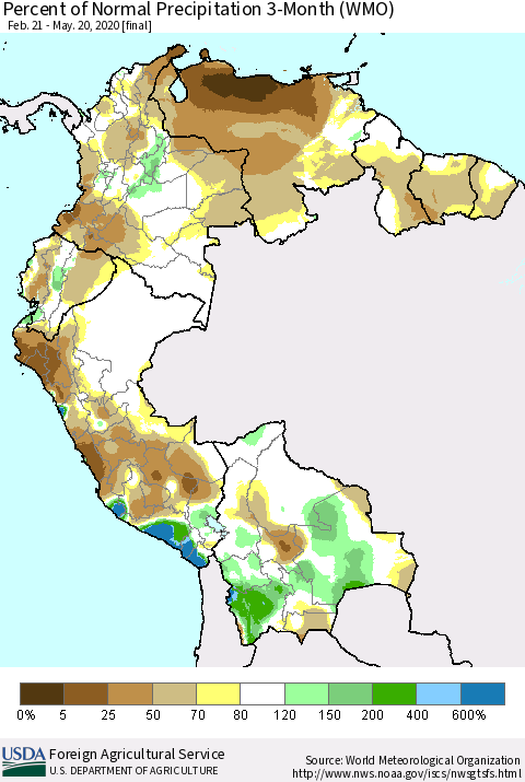 Northern South America Percent of Normal Precipitation 3-Month (WMO) Thematic Map For 2/21/2020 - 5/20/2020
