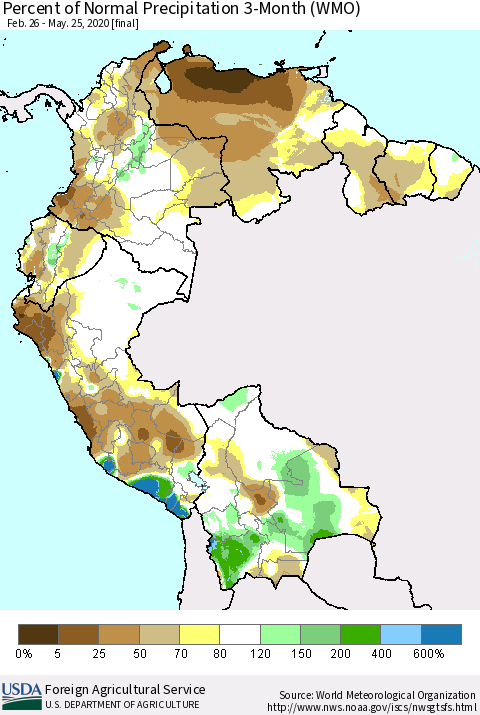 Northern South America Percent of Normal Precipitation 3-Month (WMO) Thematic Map For 2/26/2020 - 5/25/2020