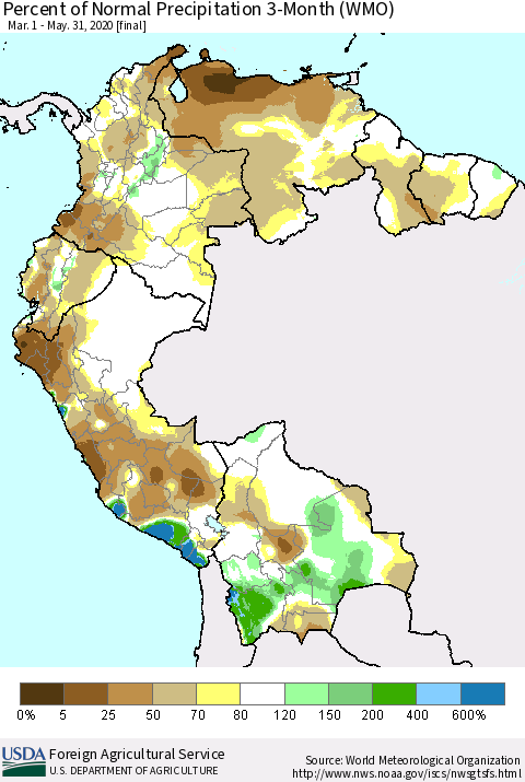 Northern South America Percent of Normal Precipitation 3-Month (WMO) Thematic Map For 3/1/2020 - 5/31/2020