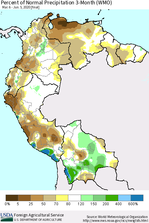 Northern South America Percent of Normal Precipitation 3-Month (WMO) Thematic Map For 3/6/2020 - 6/5/2020
