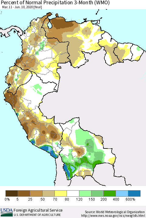 Northern South America Percent of Normal Precipitation 3-Month (WMO) Thematic Map For 3/11/2020 - 6/10/2020