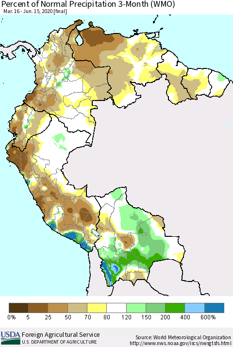 Northern South America Percent of Normal Precipitation 3-Month (WMO) Thematic Map For 3/16/2020 - 6/15/2020