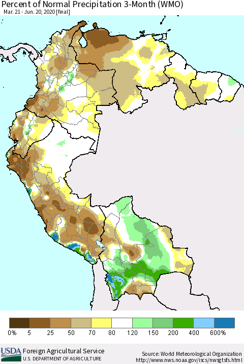 Northern South America Percent of Normal Precipitation 3-Month (WMO) Thematic Map For 3/21/2020 - 6/20/2020