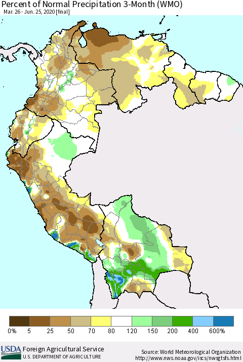 Northern South America Percent of Normal Precipitation 3-Month (WMO) Thematic Map For 3/26/2020 - 6/25/2020