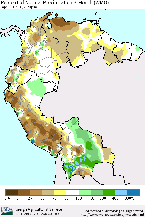 Northern South America Percent of Normal Precipitation 3-Month (WMO) Thematic Map For 4/1/2020 - 6/30/2020