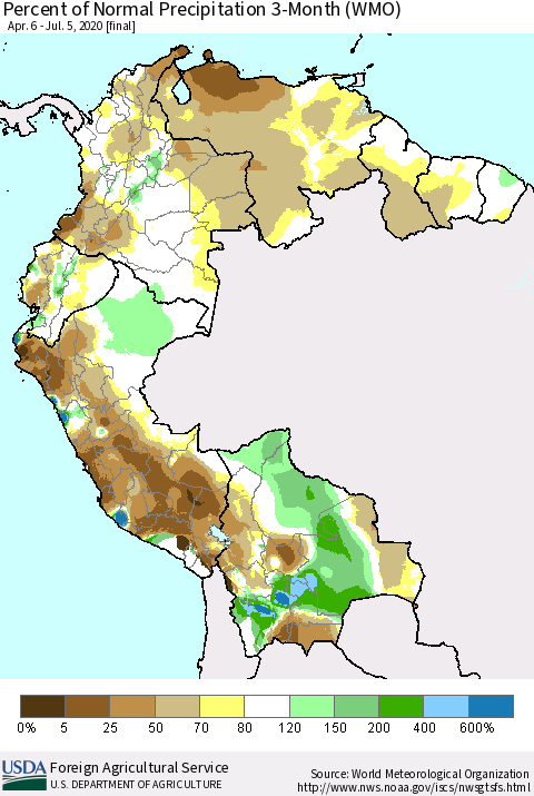 Northern South America Percent of Normal Precipitation 3-Month (WMO) Thematic Map For 4/6/2020 - 7/5/2020