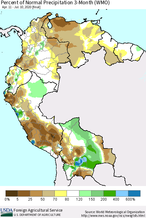 Northern South America Percent of Normal Precipitation 3-Month (WMO) Thematic Map For 4/11/2020 - 7/10/2020