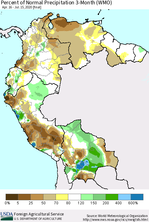 Northern South America Percent of Normal Precipitation 3-Month (WMO) Thematic Map For 4/16/2020 - 7/15/2020