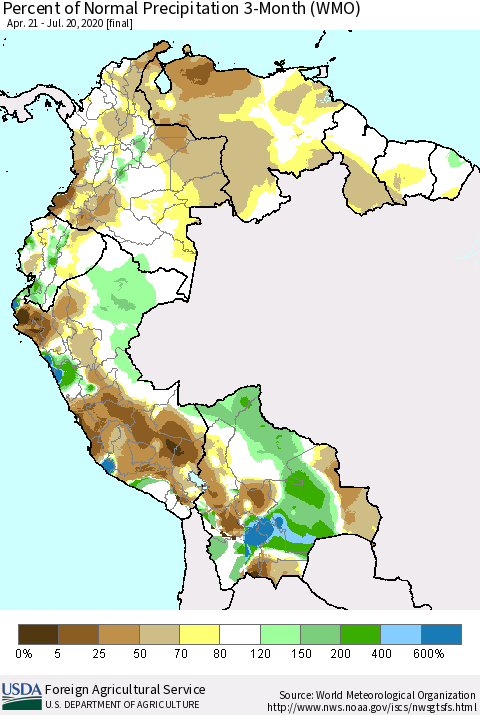 Northern South America Percent of Normal Precipitation 3-Month (WMO) Thematic Map For 4/21/2020 - 7/20/2020