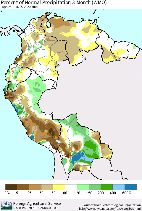 Northern South America Percent of Normal Precipitation 3-Month (WMO) Thematic Map For 4/26/2020 - 7/25/2020